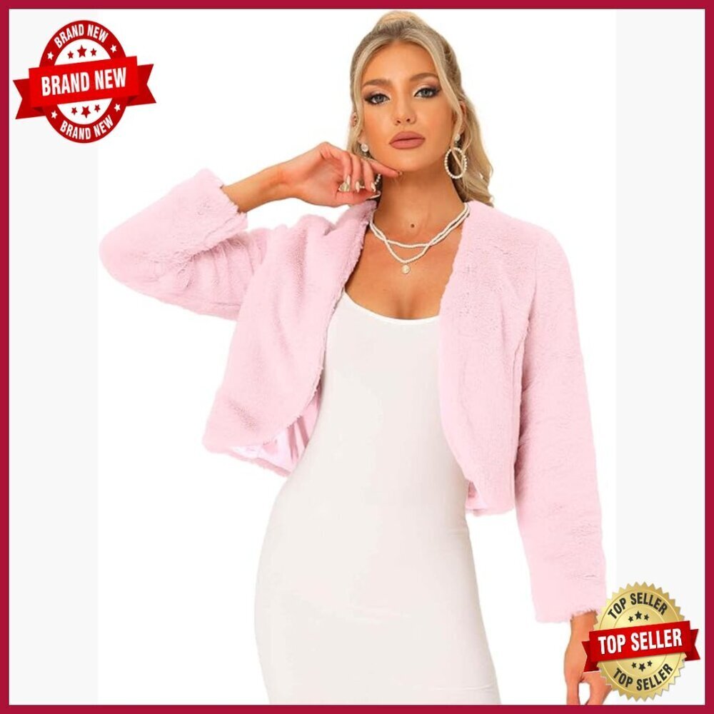 Cropped Faux Fur Jacket with Pockets Long Sleeve Open Front Wedding Bolero